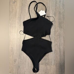 Zara Black Ribbed One-Piece Bodysuit